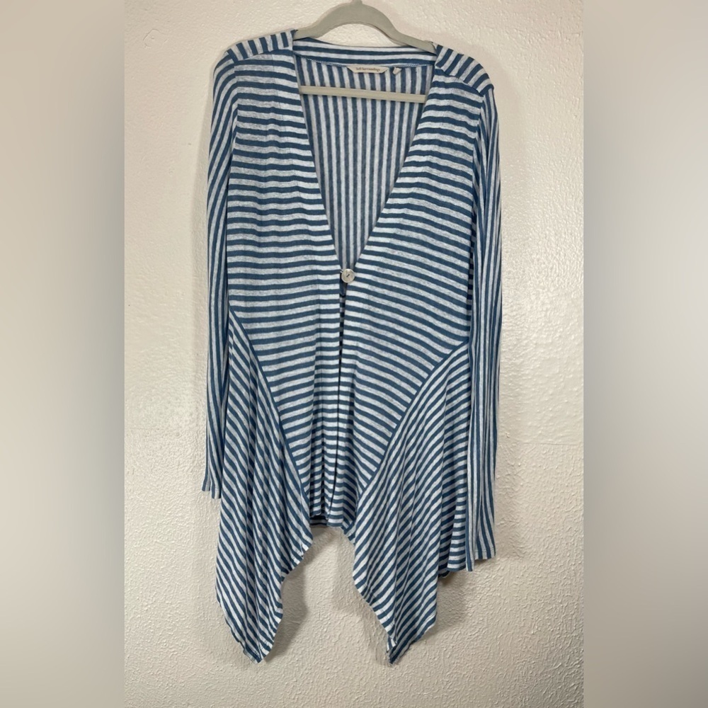 Soft Surroundings Linen Blue White Striped Cardigan Women’s Medium Lagenlook